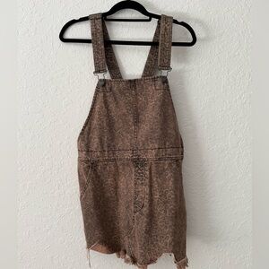 Free People Leopard Denim Overalls Mini Skirt Asymmetrical Raw Hem Grunge Size 6